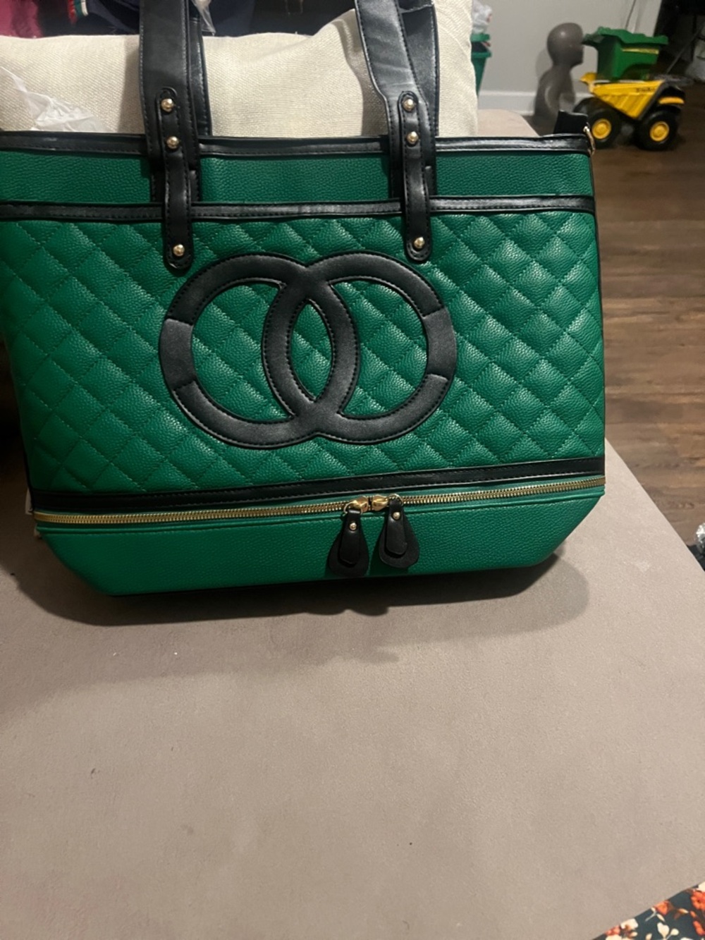 Green Quilted Tote Bag with Black Trim - Fashion Tote